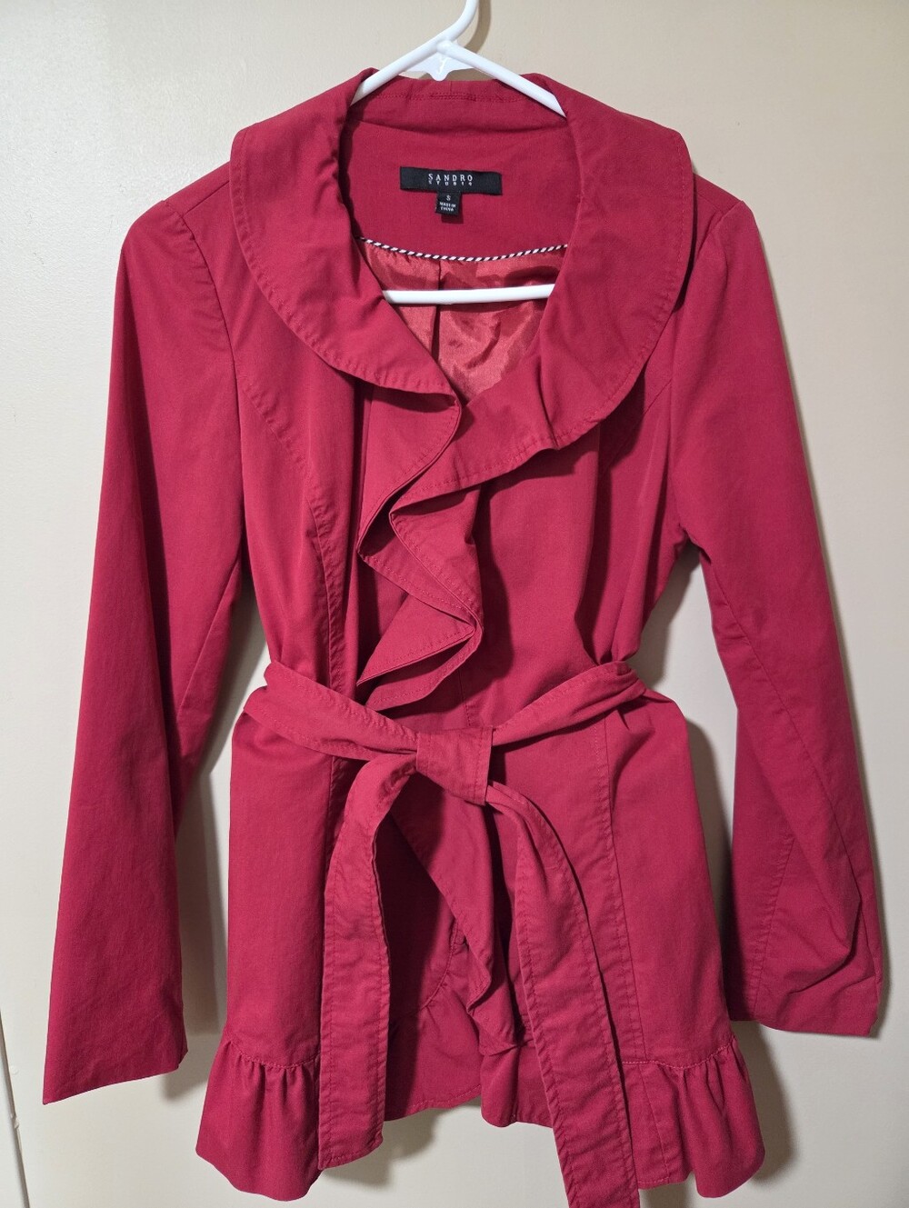 Womens Small Sandro Studio Red Ruffled Shirt Coat Jacket Blazer